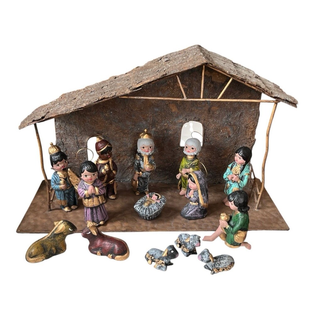 15 Piece Mexican Folk Art Christmas Nativity Metal Pottery Handpainted 17x7x11"